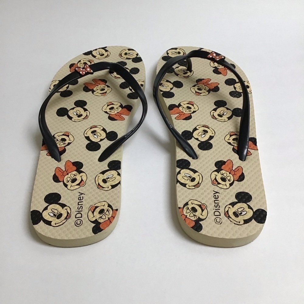 Disney SZ 10 1/2 Flip Flops Women’s Mickey and Minnie Mouse Sandals Red Bows Tan - Picture 8 of 10